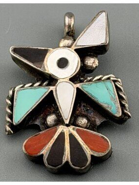 Vintage Thunderbird Pendant Charm Sterling Silver Southwestern Style Turquoise S